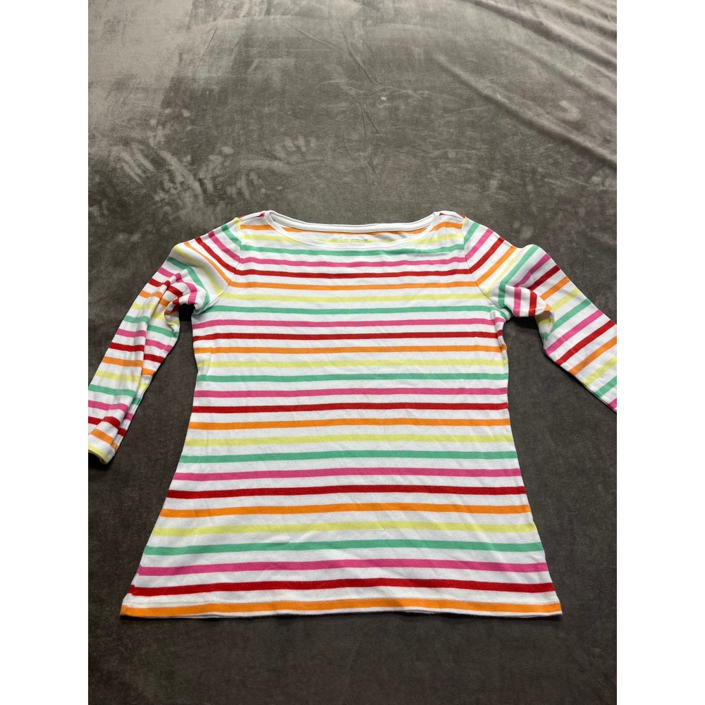 Talbots Rainbow Stripe‎ Long Sleeve Cotton Tee Shirt Petite Small White Multi